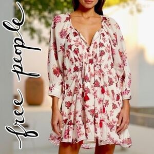 FREE PEOPLE Camella 3/4 Sleeve Relaxed Fit Floral Print Cotton MiniDress NWT/LG